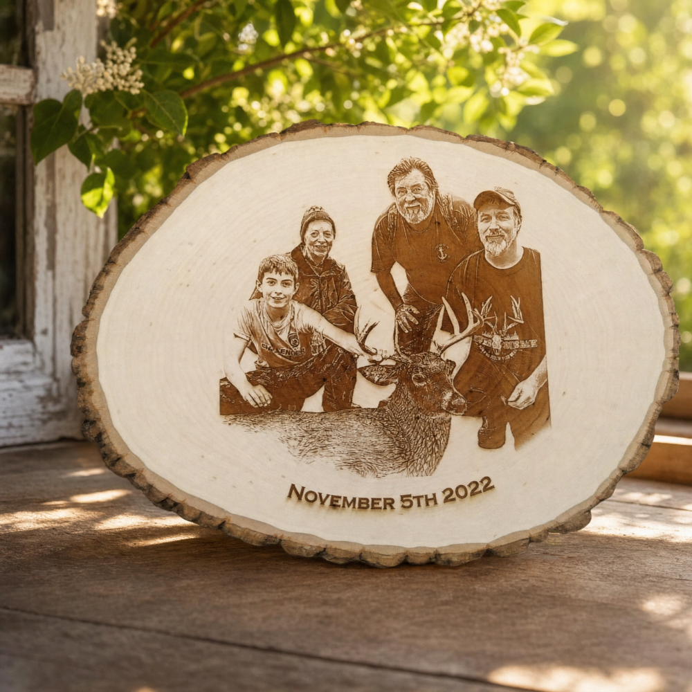A round, rustic wood slice plaque with a custom laser-engraved family photo and the date 'November 5th 2022' at the bottom, displayed on a wooden surface outdoors.
